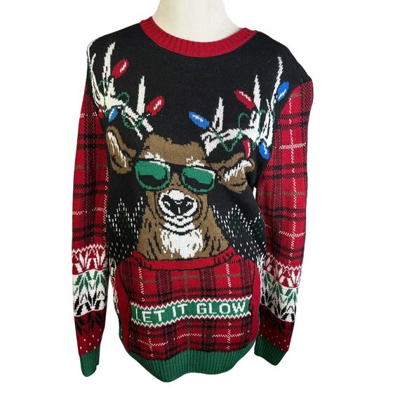 Ugly Holiday Sweater Let It Glow Reindeer Sunglasses Size Large L Christmas - Picture 1 of 6